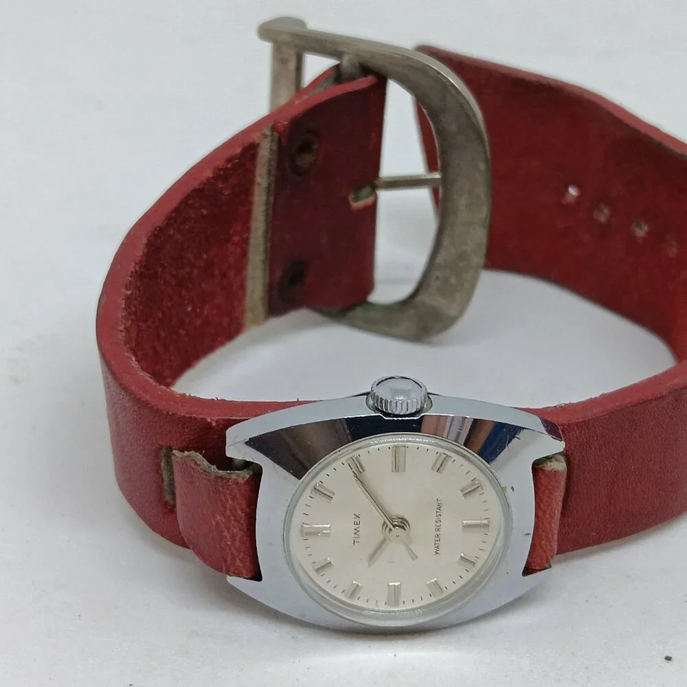 VINTAGE Timex Manual Wind Women's 24 mm Silver Tone Red Leather Bund Strap Watch